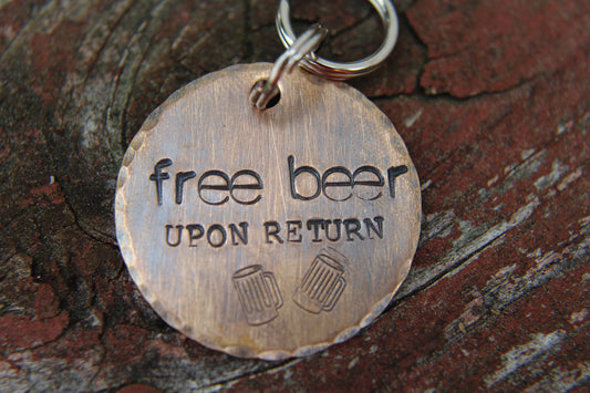 Custom Hand Stamped Dog ID Tag, Free Beer, Personalized Dog Tag, Copper Dog Tag, Aluminum Pet ID Tag, Hand Stamped Pet Tag