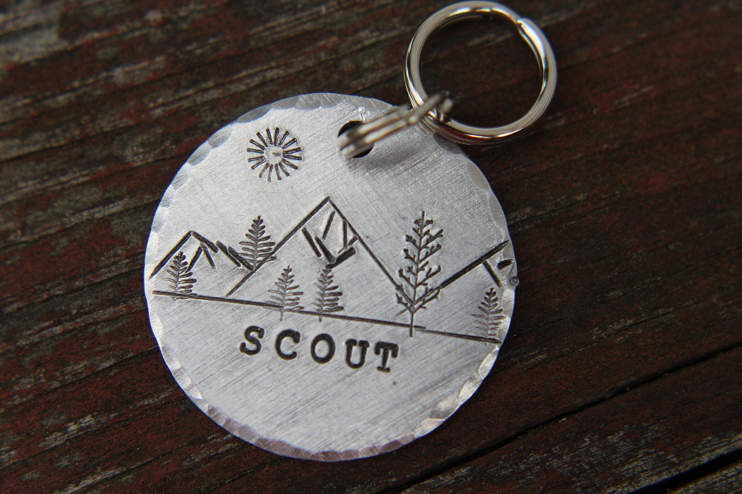 Pet ID with Mountains, Wilderness Tag, Dog ID Tag, Dog Tag with Trees, Hand stamped ID, Custom Dog Tag, Tag for Dog
