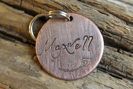 Elegant Dog ID Tag | The Maxwell | Peacock Feather| Personalized Dog Tag | Tag for Medium Dog | Dog Tag | Pet ID Tag