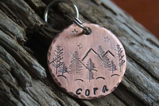 Pet ID with Mountains, Wilderness Tag, The Cora, Dog ID Tag, Dog Tag with Trees, Hand stamped ID, Custom Dog Tag, Tag for Dog, Pet Id Stars