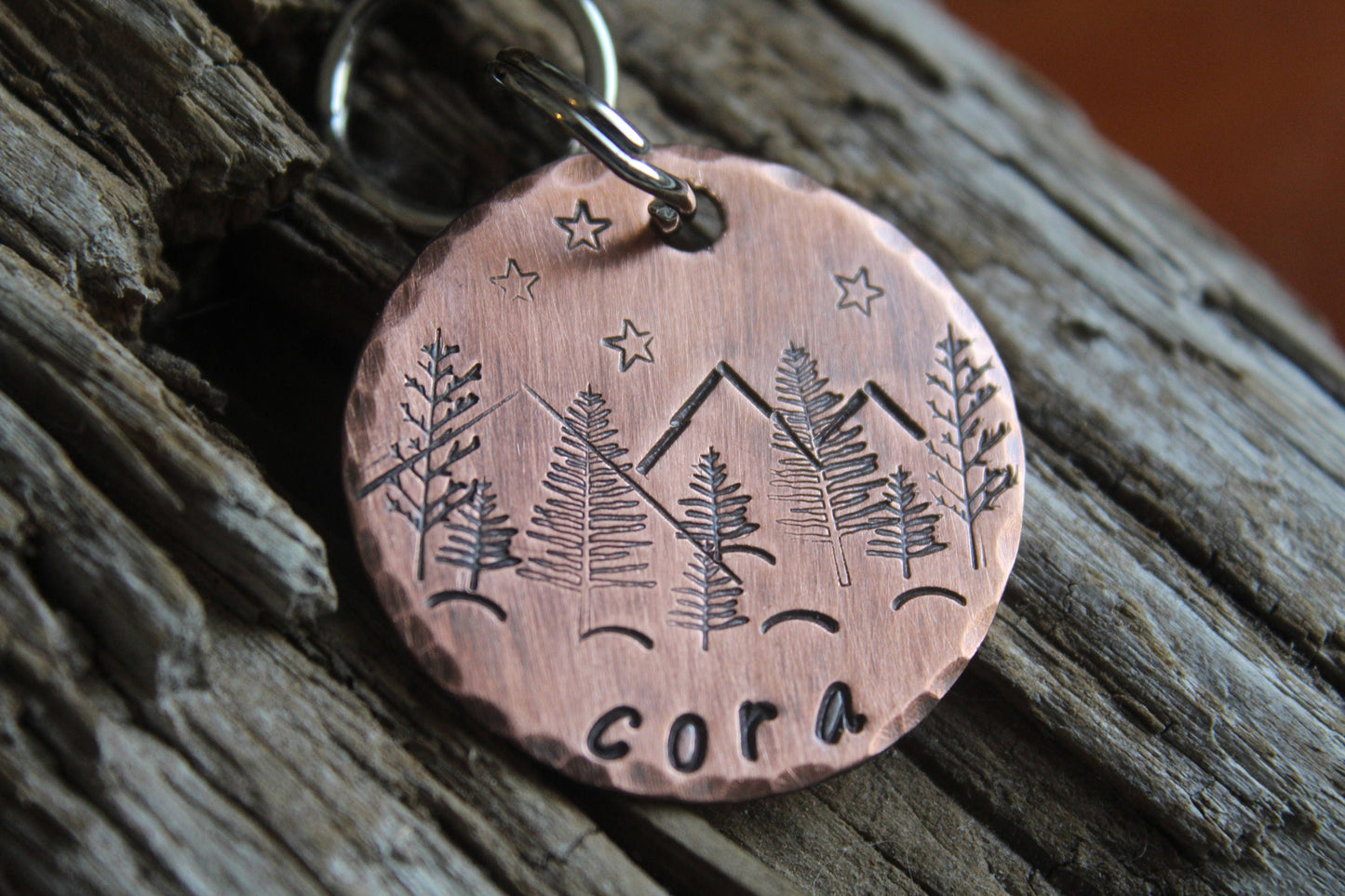 Pet ID with Mountains, Wilderness Tag, The Cora, Dog ID Tag, Dog Tag with Trees, Hand stamped ID, Custom Dog Tag, Tag for Dog, Pet Id Stars