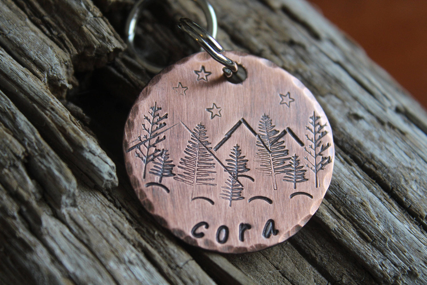 Pet ID with Mountains, Wilderness Tag, The Cora, Dog ID Tag, Dog Tag with Trees, Hand stamped ID, Custom Dog Tag, Tag for Dog, Pet Id Stars