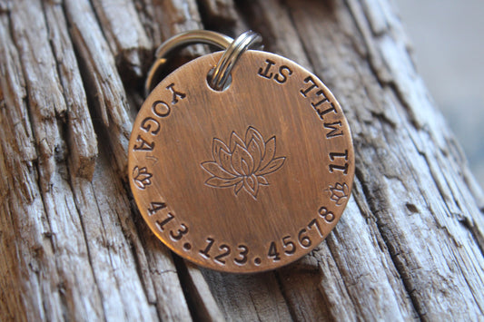 Custom ID Dog Tag, Namaste, Hand Stamped Dog Tag, Tag for Dog, Yoga Dog, Puppy Tag, Tag with Lotus, Copper Dog Tag, Pet ID