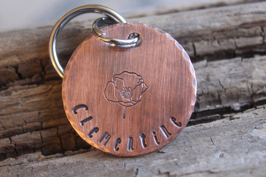 Custom ID Dog Tag, Solitary Poppy, Hand Stamped Dog Tag, Tag for Dog, Puppy Tag, Tag with Poppy, Copper Dog Tag, Pet ID