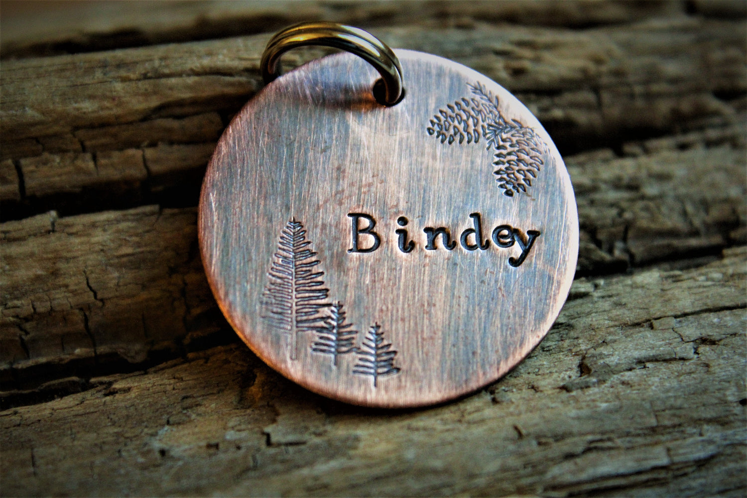 Custom ID Dog Tag, The Bindey, Hand Stamped Dog Tag, Tag for Dog, Tag with Trees, Rustic Tag, Copper Dog Tag, Pet ID, Pine Cones