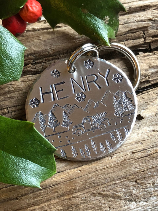 Dog Tag, Custom Dog ID Tag, Hand Stamped Dog Tag, Personalized Dog Tag, Winter Scene, Christmas Tag, Bringing Home the Tree