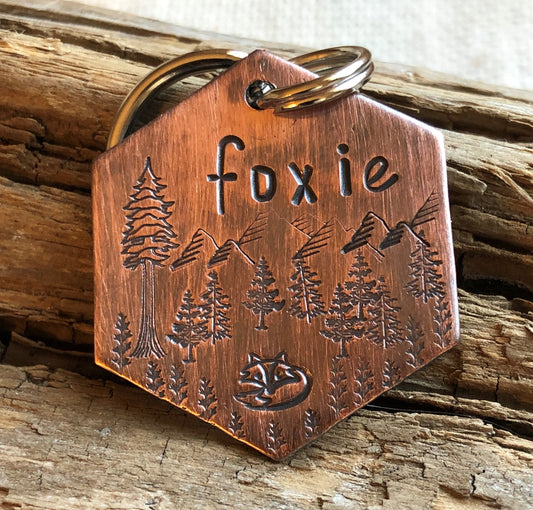 Custom Dog Tag, Foxie, Hand Stamped Dog Tag, Personalized Dog Tag, Mountain Dog Tag, Tag with Fox, Wilderness Tag