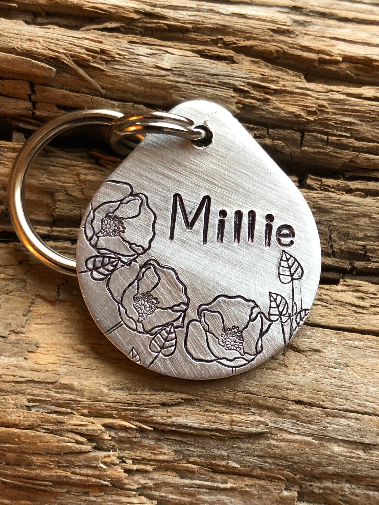 Dog Tag, Dog ID Tag, Hand Stamped Dog Tag, Dog Tag for Collar, Pet ID Tag, Personalized Tag, The Millie, Oval Tag with Flowers, Poppy