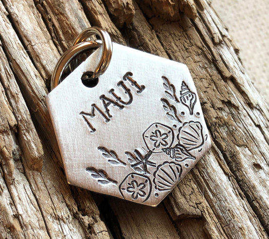 Custom Dog ID Tag, The Maui, Hand Stamped Dog Tag, Personalized Dog Tag, Coastal Pet ID, Tag with Seashells, Beach Tag