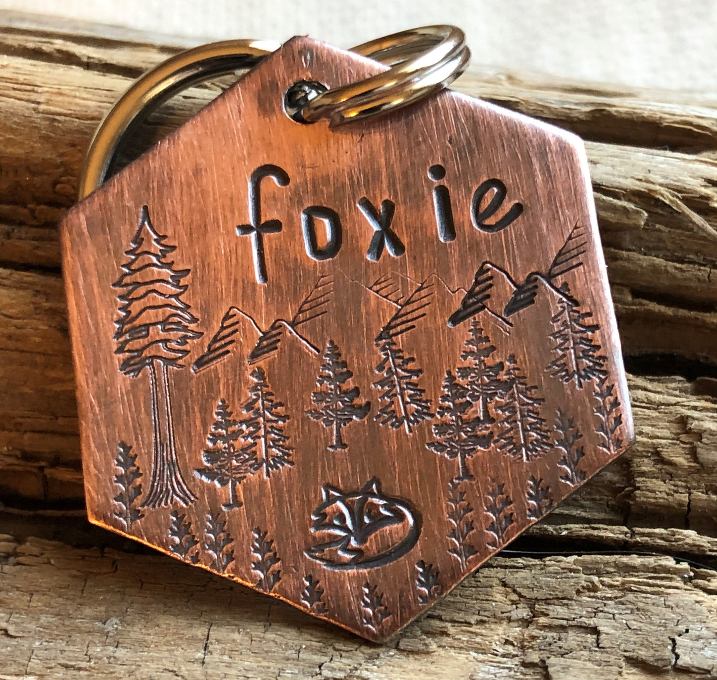 Custom Dog Tag, Foxie, Hand Stamped Dog Tag, Personalized Dog Tag, Mountain Dog Tag, Tag with Fox, Wilderness Tag