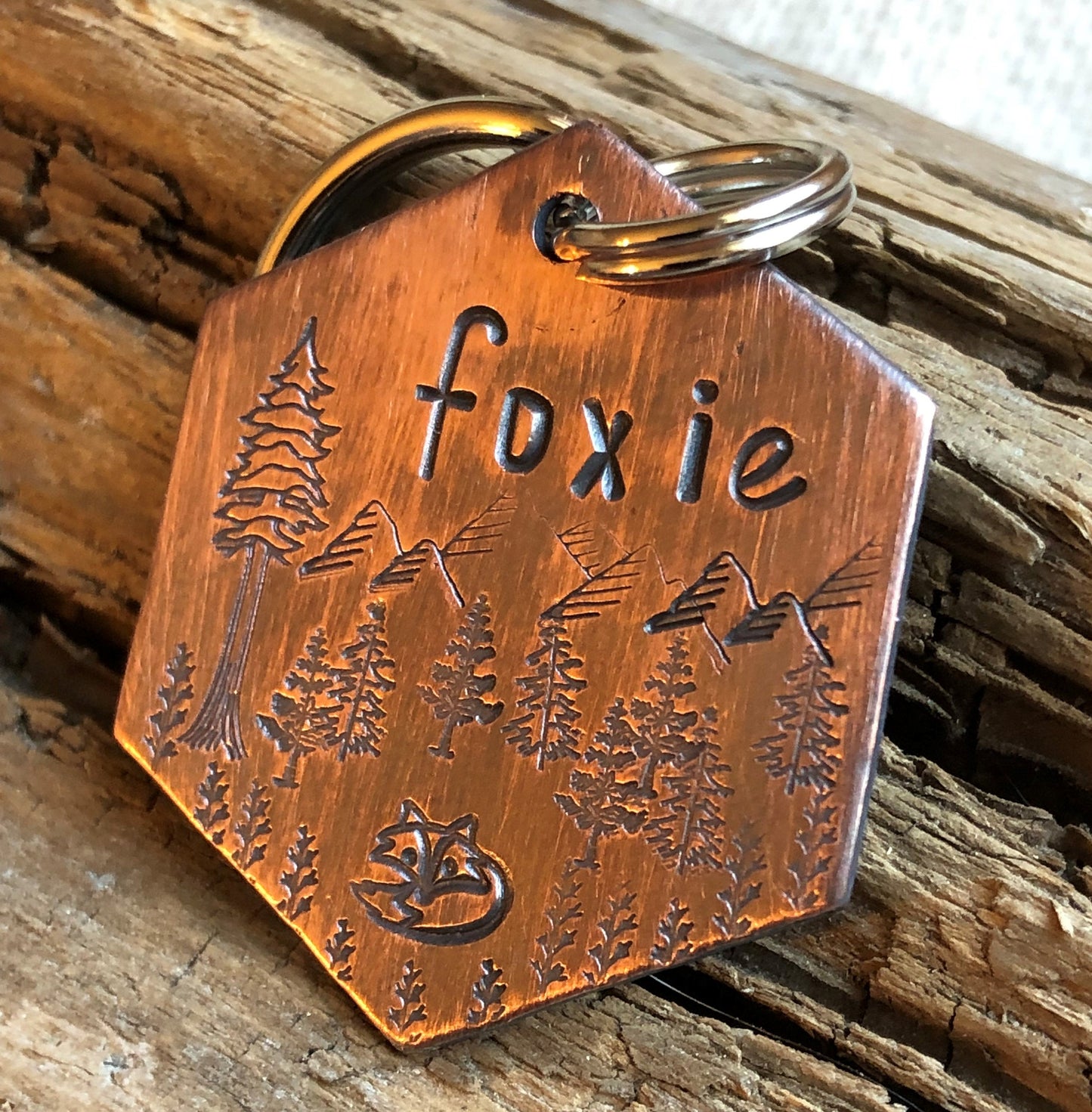 Custom Dog Tag, Foxie, Hand Stamped Dog Tag, Personalized Dog Tag, Mountain Dog Tag, Tag with Fox, Wilderness Tag