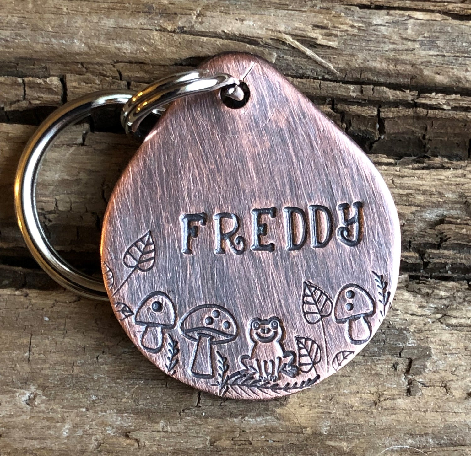 Dog Tag, Dog ID Tag, Hand Stamped Dog Tag, Dog Tag for Collar, Pet ID Tag, Personalized Tag, Freddy, Oval Tag with Mushrooms and Frog