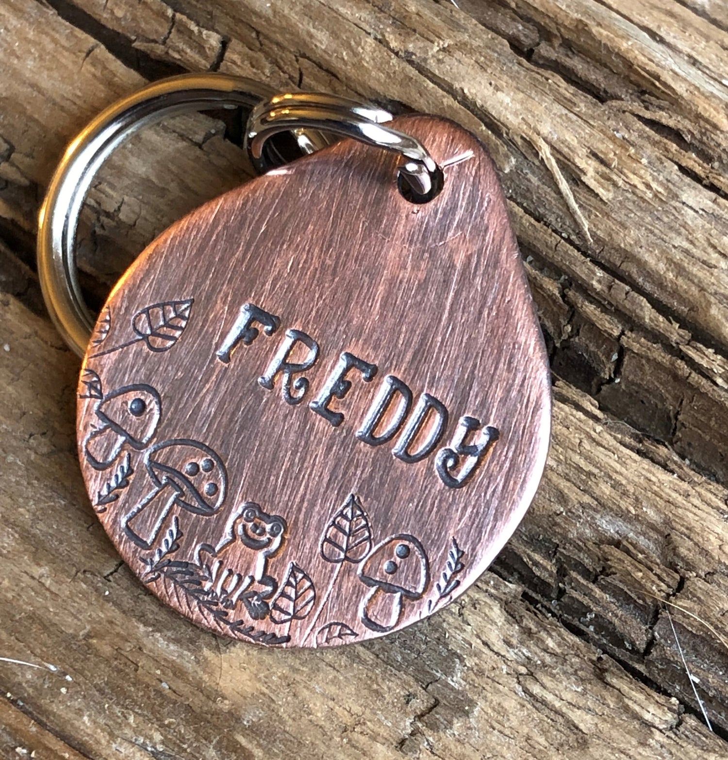 Dog Tag, Dog ID Tag, Hand Stamped Dog Tag, Dog Tag for Collar, Pet ID Tag, Personalized Tag, Freddy, Oval Tag with Mushrooms and Frog