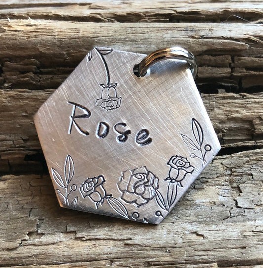 Custom Dog ID Tag, The Rose, Hand Stamped Dog Tag, Personalized Dog Tag, Floral Pet ID, Tag with Roses, Flower Tag