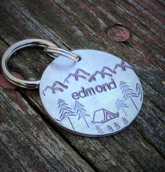 Camping Pet Tag, Wilderness Tag, Dog ID Tag, Dog Tag with tent, Hand stamped ID, Custom Dog Tag, Tag for Dog
