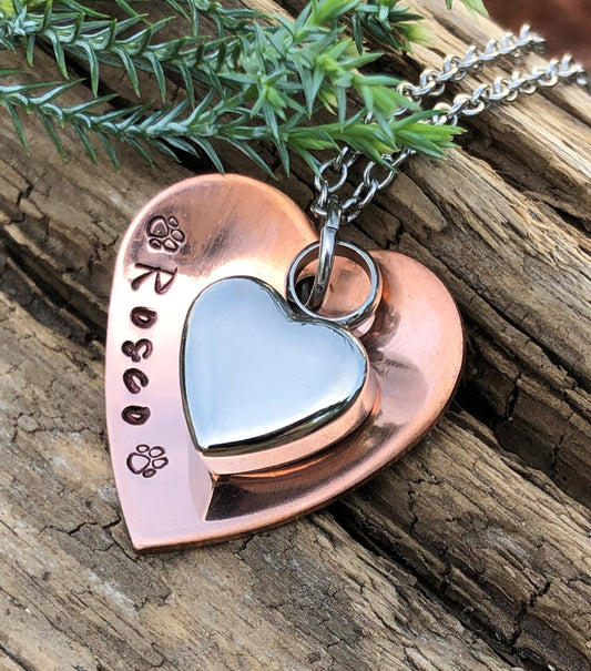 Pet Loss Jewelry - Cremation pet memorial pendant, pet urn, loss of pet hand stamped necklace