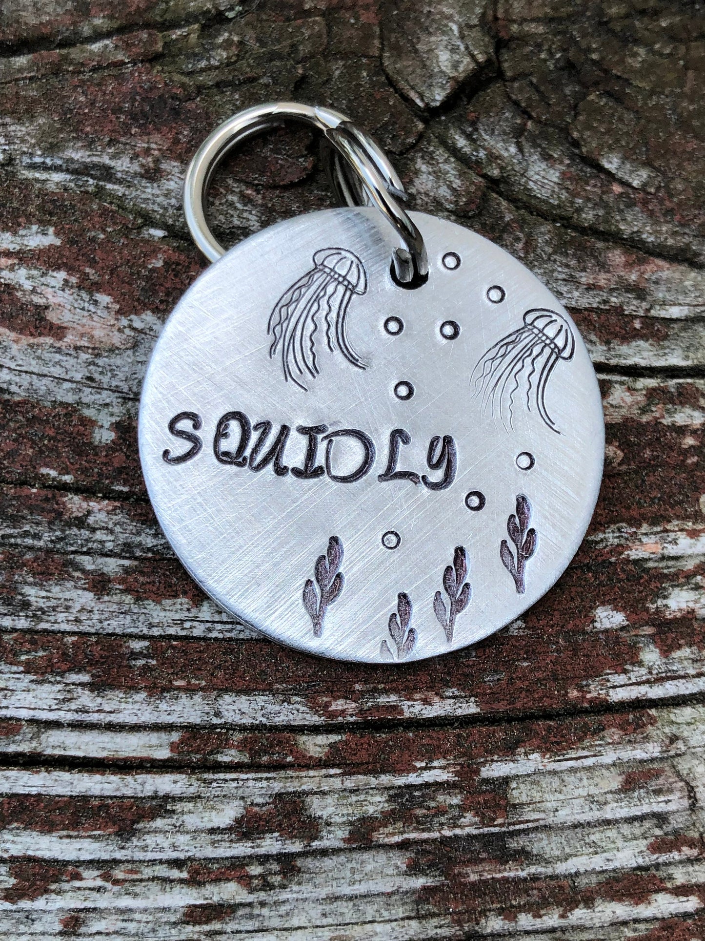 Custom Dog ID Tag, The Squidly, Hand Stamped Dog Tag, Personalized Dog Tag, Nautical Coastal Dog ID Tag, Tag with Jellyfish