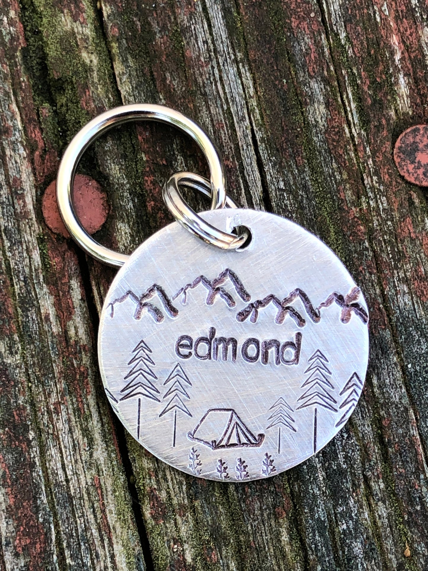 Camping Pet Tag, Wilderness Tag, Dog ID Tag, Dog Tag with tent, Hand stamped ID, Custom Dog Tag, Tag for Dog
