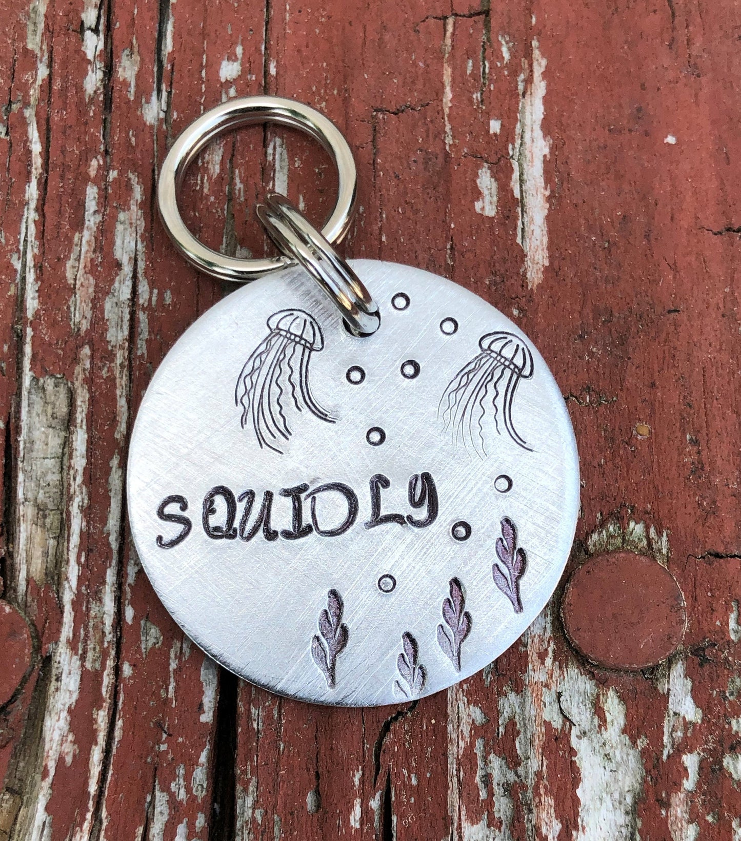 Custom Dog ID Tag, The Squidly, Hand Stamped Dog Tag, Personalized Dog Tag, Nautical Coastal Dog ID Tag, Tag with Jellyfish