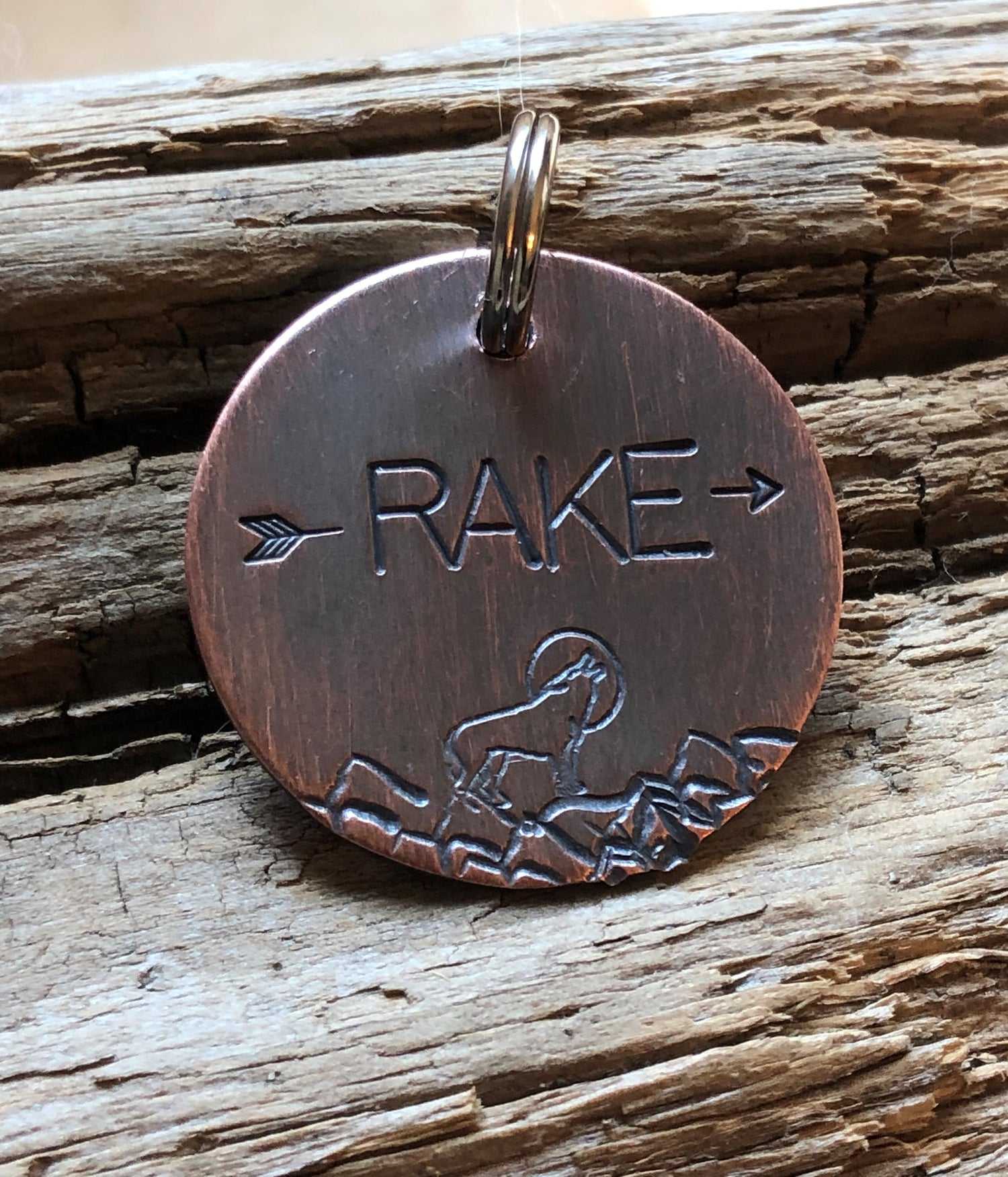 Dog Tag with Wolf, Custom Hand Stamped Dog ID Tag, Personalized Dog Tag, Copper Dog Tag, Aluminum Pet ID Tag, Hand Stamped Pet Tag