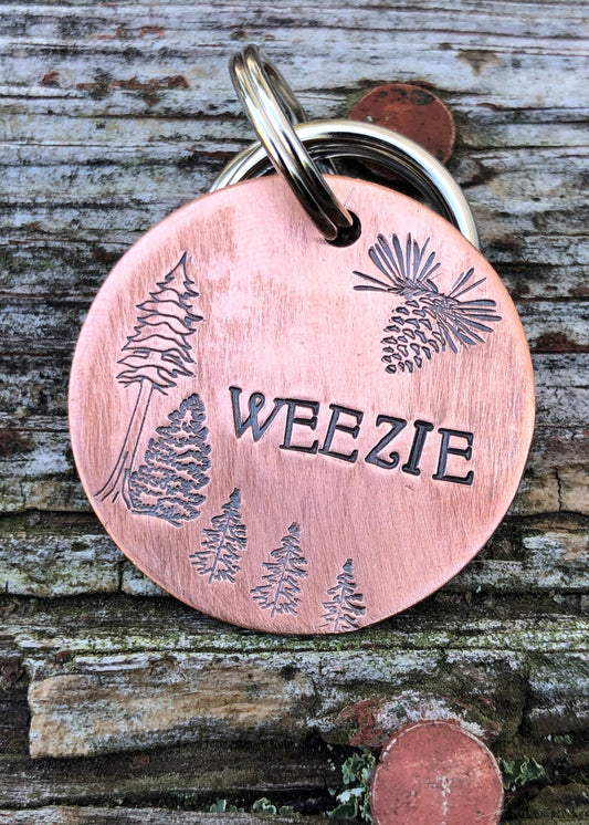 Custom ID Dog Tag, The Weezie, Hand Stamped Dog Tag, Tag for Dog, Tag with Trees, Rustic Tag, Copper Dog Tag, Pet ID, Pine Cones