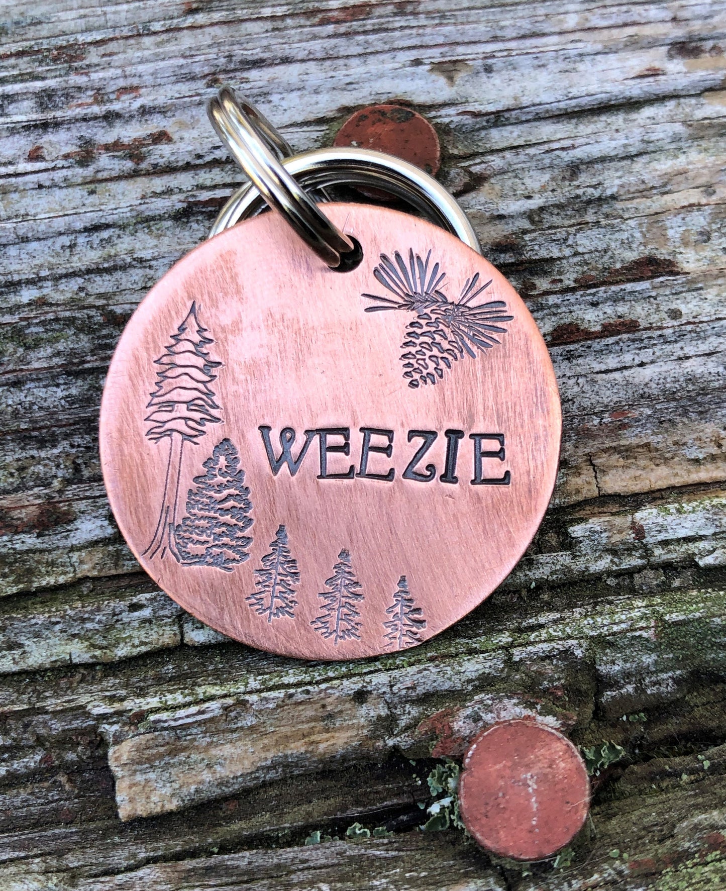 Custom ID Dog Tag, The Weezie, Hand Stamped Dog Tag, Tag for Dog, Tag with Trees, Rustic Tag, Copper Dog Tag, Pet ID, Pine Cones