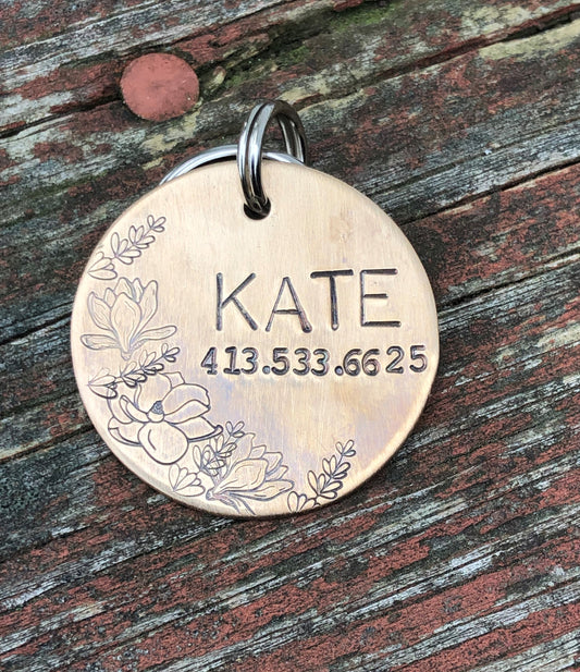 Custom Dog Tag, Dog Tag for Dogs, Floral Dog Tag, Dog Tag with Flowers, Magnolias, Hand Stamped Pet ID Tag, Kate