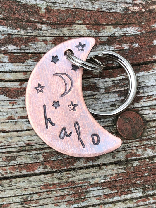 Custom Dog Tag for Dogs, Moon Shaped Dog Tag, Moon Pet ID, Moon & Stars Dog Tag, Halo