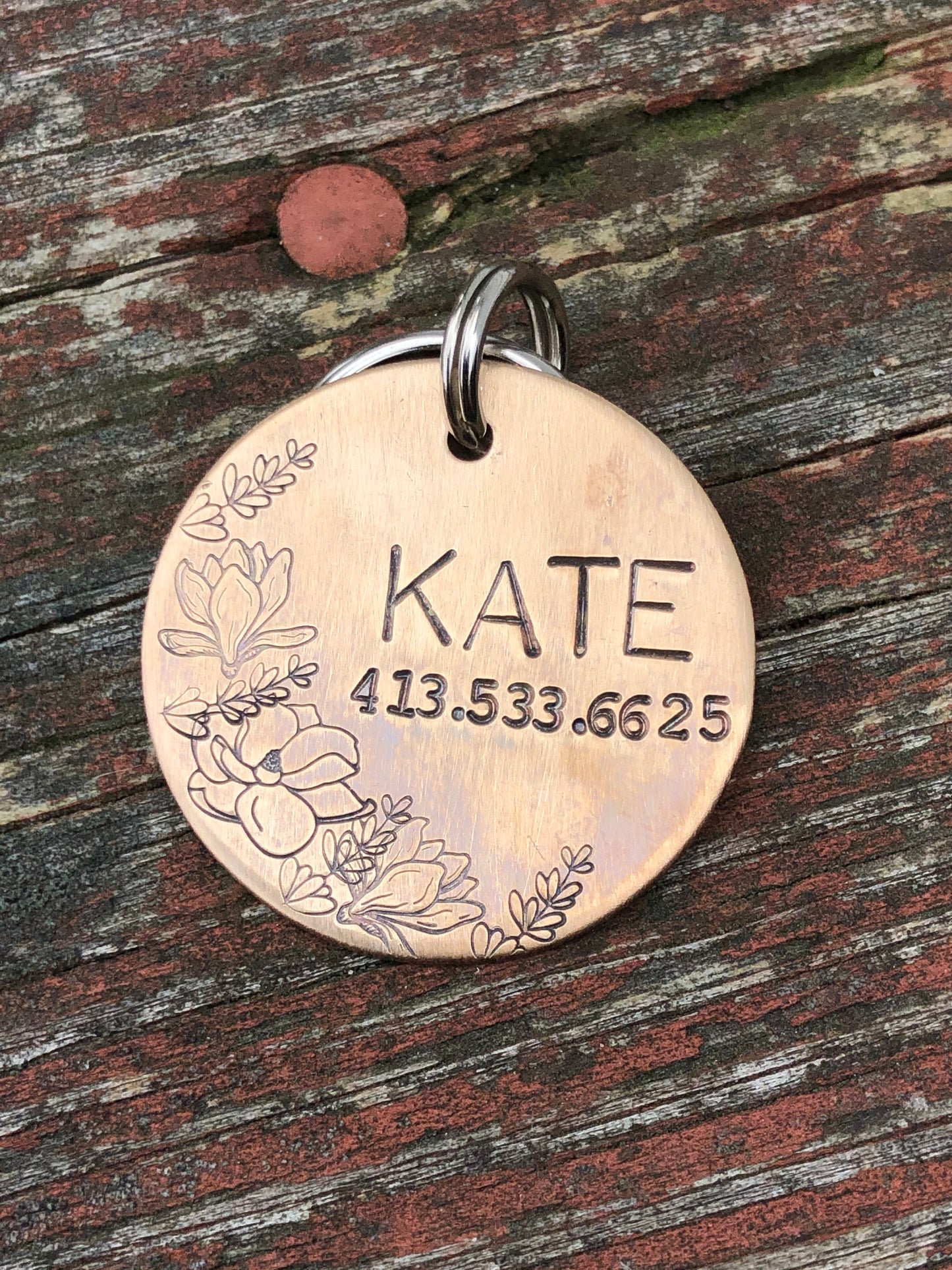 Custom Dog Tag, Dog Tag for Dogs, Floral Dog Tag, Dog Tag with Flowers, Magnolias, Hand Stamped Pet ID Tag, Kate