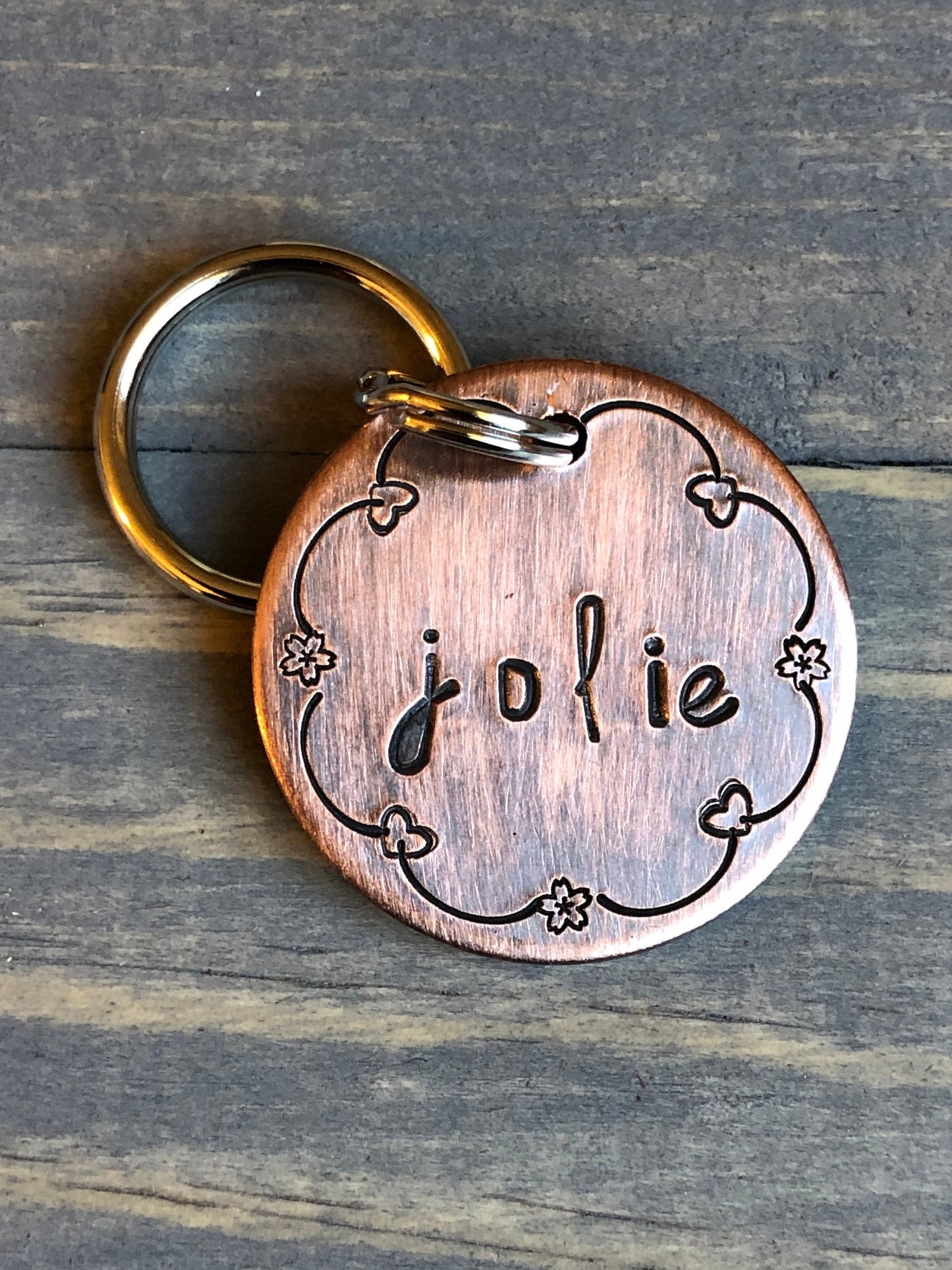 Custom Bordered Dog Tag, Hand Stamped Pet ID, Jolie, Personalized Dog Tag for Dog, Dog Tag with flower border
