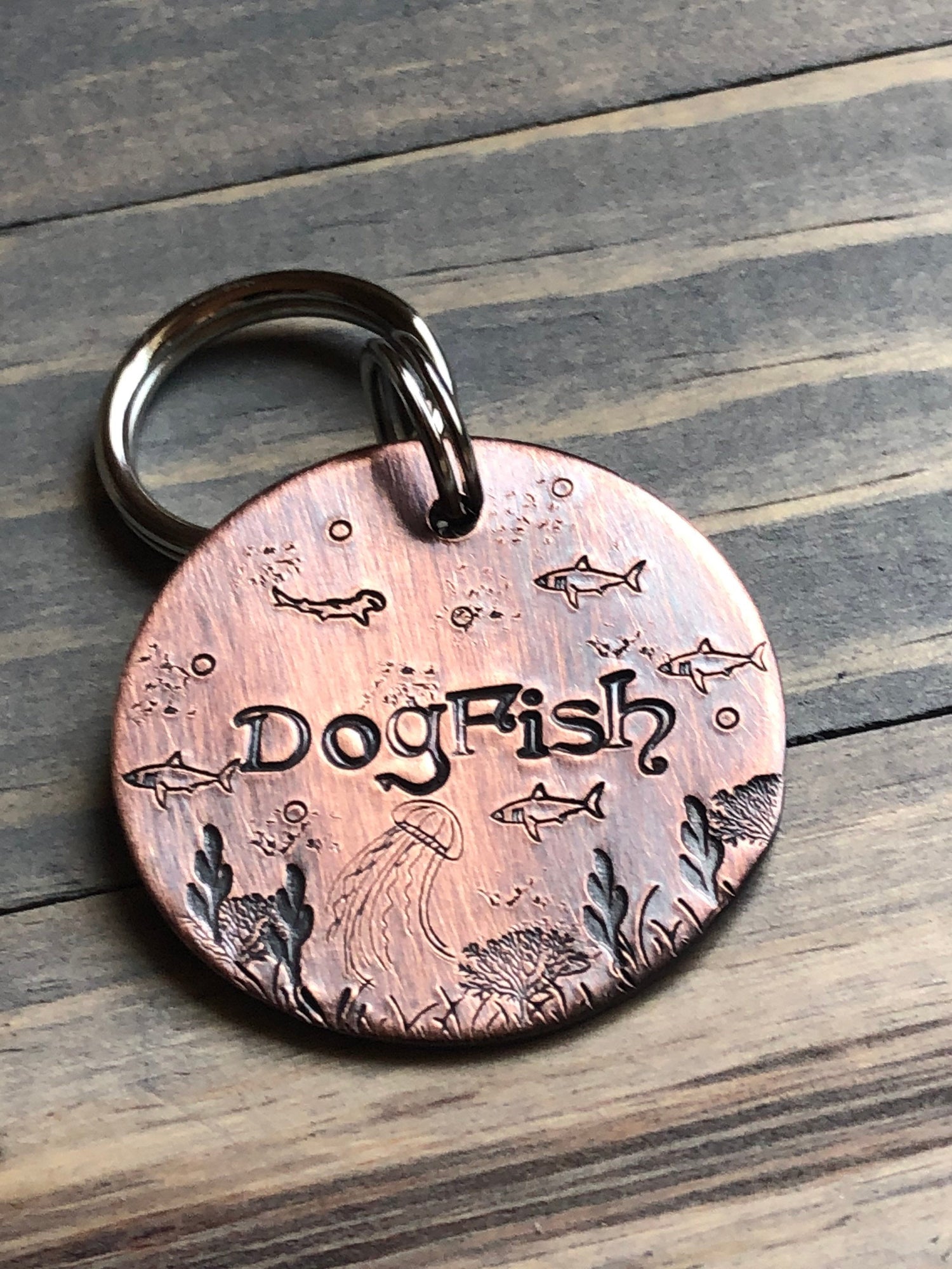 Name Tag for Dog, Hand Stamped Pet ID Tag, Shark, Personalized Dog Tag for Dog, Ocean with Shark Dog Tag, Jellyfish, Hammerhead Shark