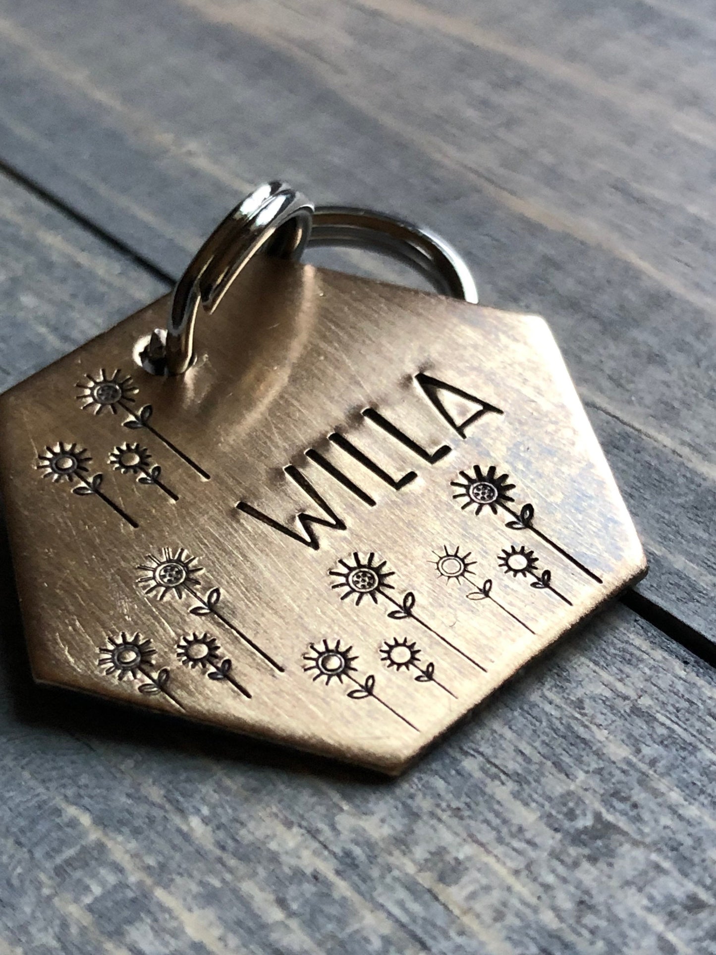 Dog Tag, Dog Tag for Dogs, Floral Dog Tags, Pet ID Tag, Willa, Personalized Dog Tag, Custom Dog Tag, Hand Stamped, Tag with Flowers, Daisy