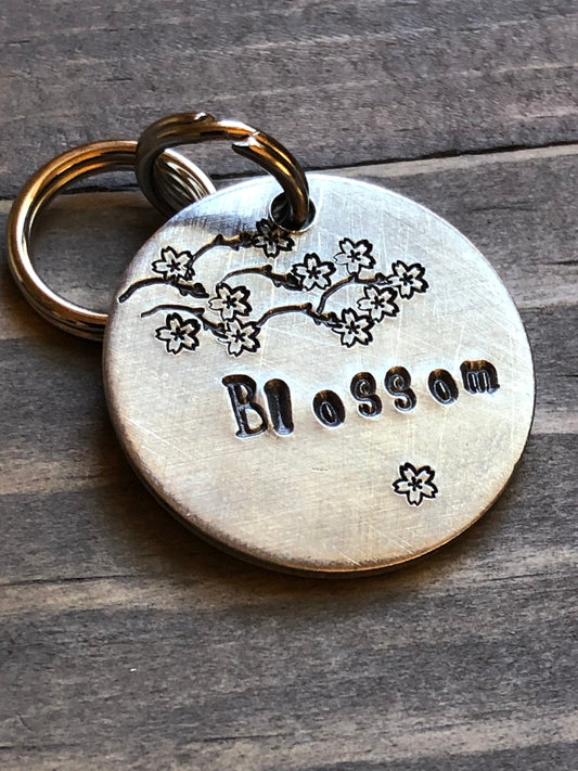 Name Tag for Dog, Hand Stamped Pet ID, Floral Dog Tag, Dog Tag with Flowers, Cherry Blossoms