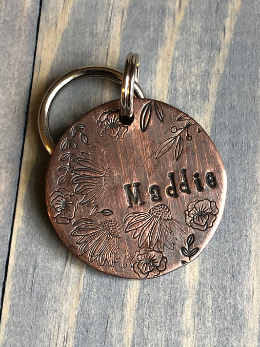 Name Tag for Dog, Hand Stamped Pet ID, Floral Dog Tag, Dog Tag with Flowers