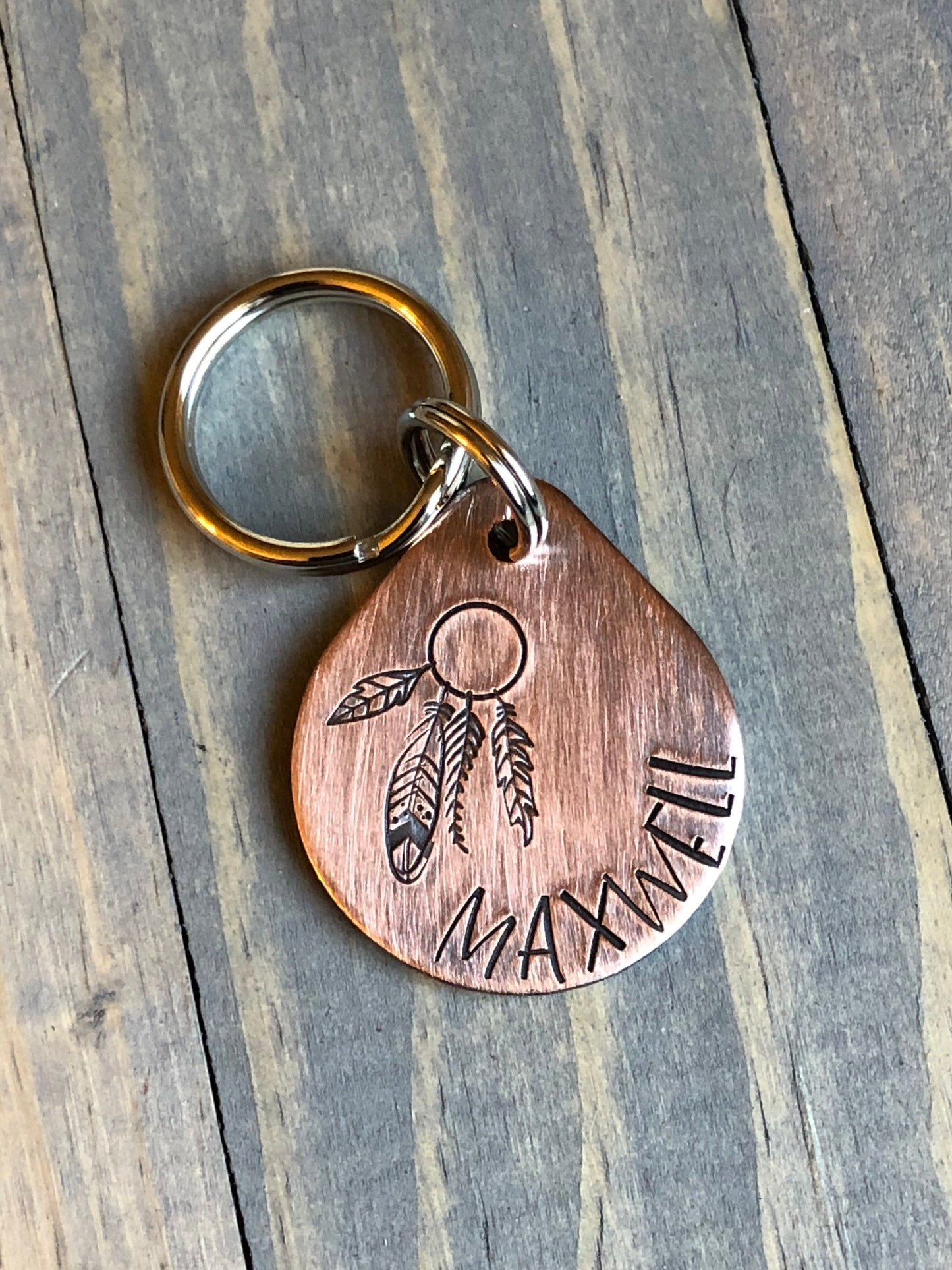 Custom Dream Catcher Dog Tag, Hand Stamped Pet ID, Personalized Dog Tag for Dog, Feather Dog Tag