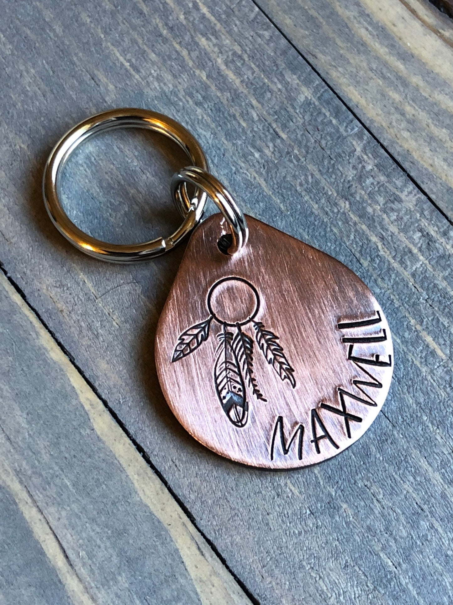 Custom Dream Catcher Dog Tag, Hand Stamped Pet ID, Personalized Dog Tag for Dog, Feather Dog Tag