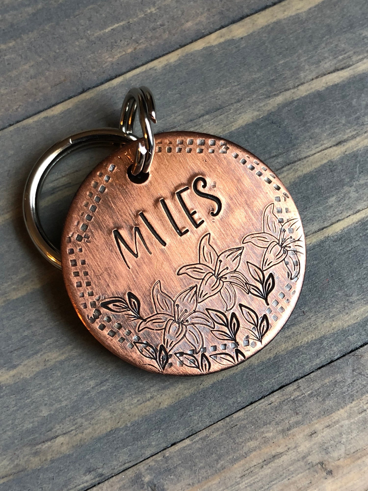 Name Tag for Dog, Hand Stamped Pet ID, Floral Dog Tag, Dog Tag with Tiger Lillies, Lily Dog Tag