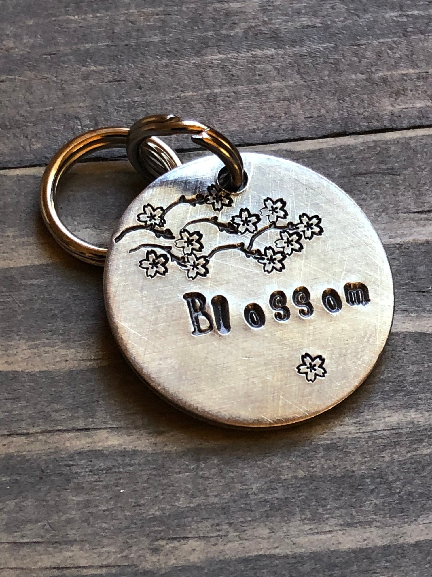 Name Tag for Dog, Hand Stamped Pet ID, Floral Dog Tag, Dog Tag with Flowers, Cherry Blossoms