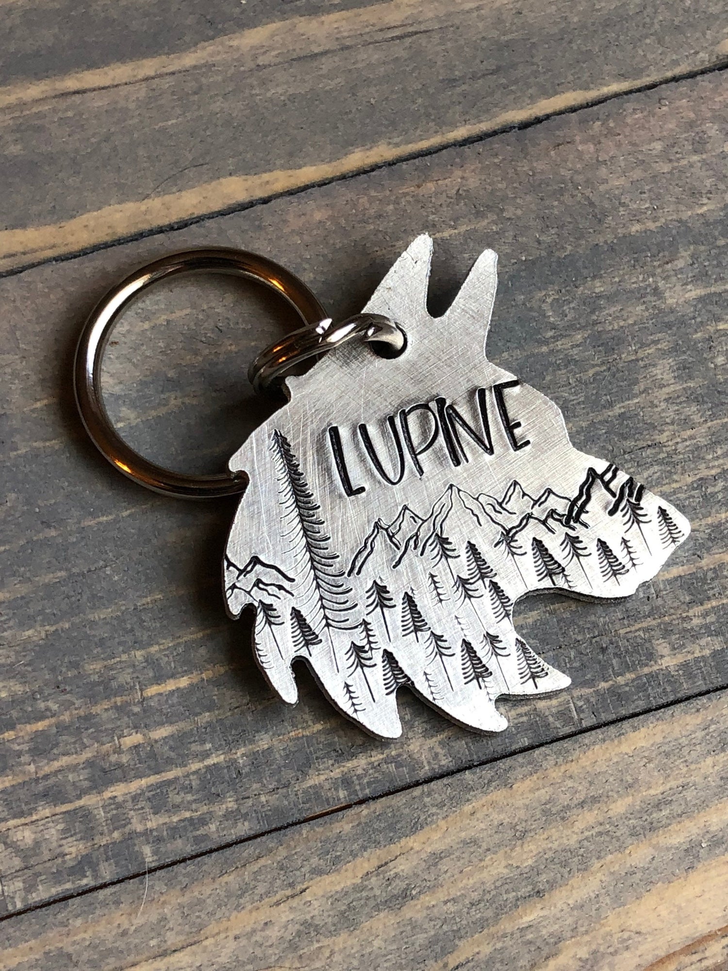 Custom Wolf Head Dog Tag, Hand Stamped Pet ID, Personalized Dog Tag for Dog, Wolf Dog Tag with Mountians and Trees