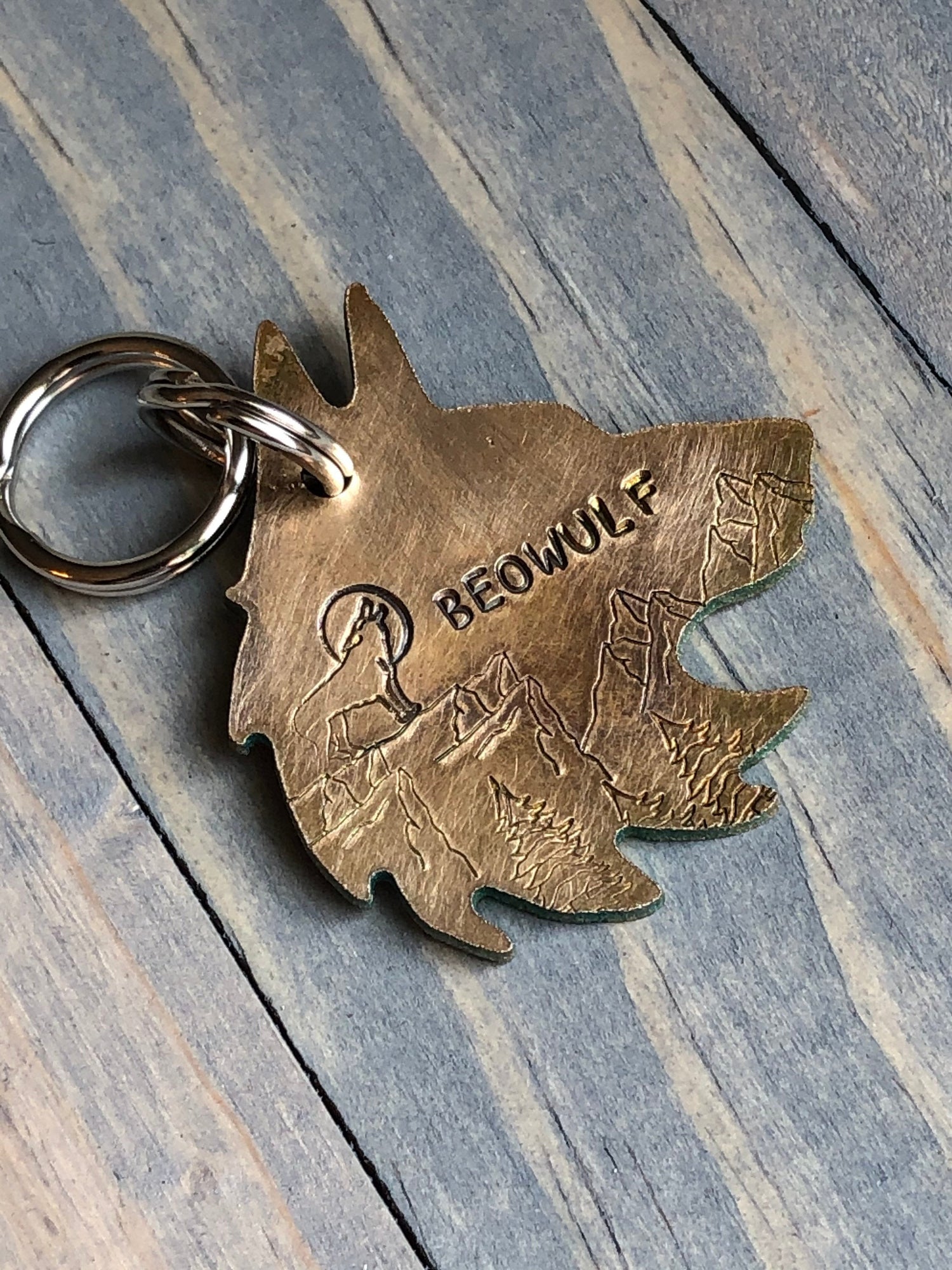 Custom Wolf Head Dog Tag, Hand Stamped Pet ID, Personalized Dog Tag for Dog, Wolf Dog Tag with Mountians and Trees