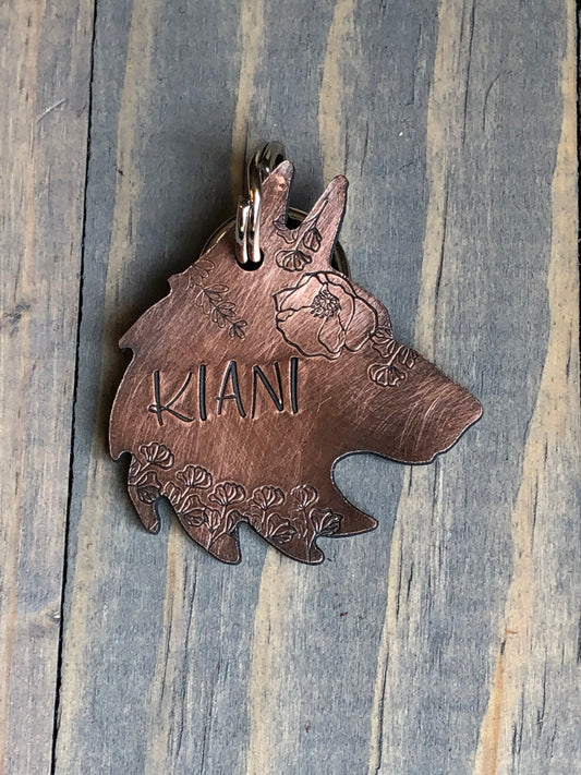 Custom Wolf Head Dog Tag, Hand Stamped Pet ID, Personalized Dog Tag for Dog, Wolf Dog Tag with Flowers