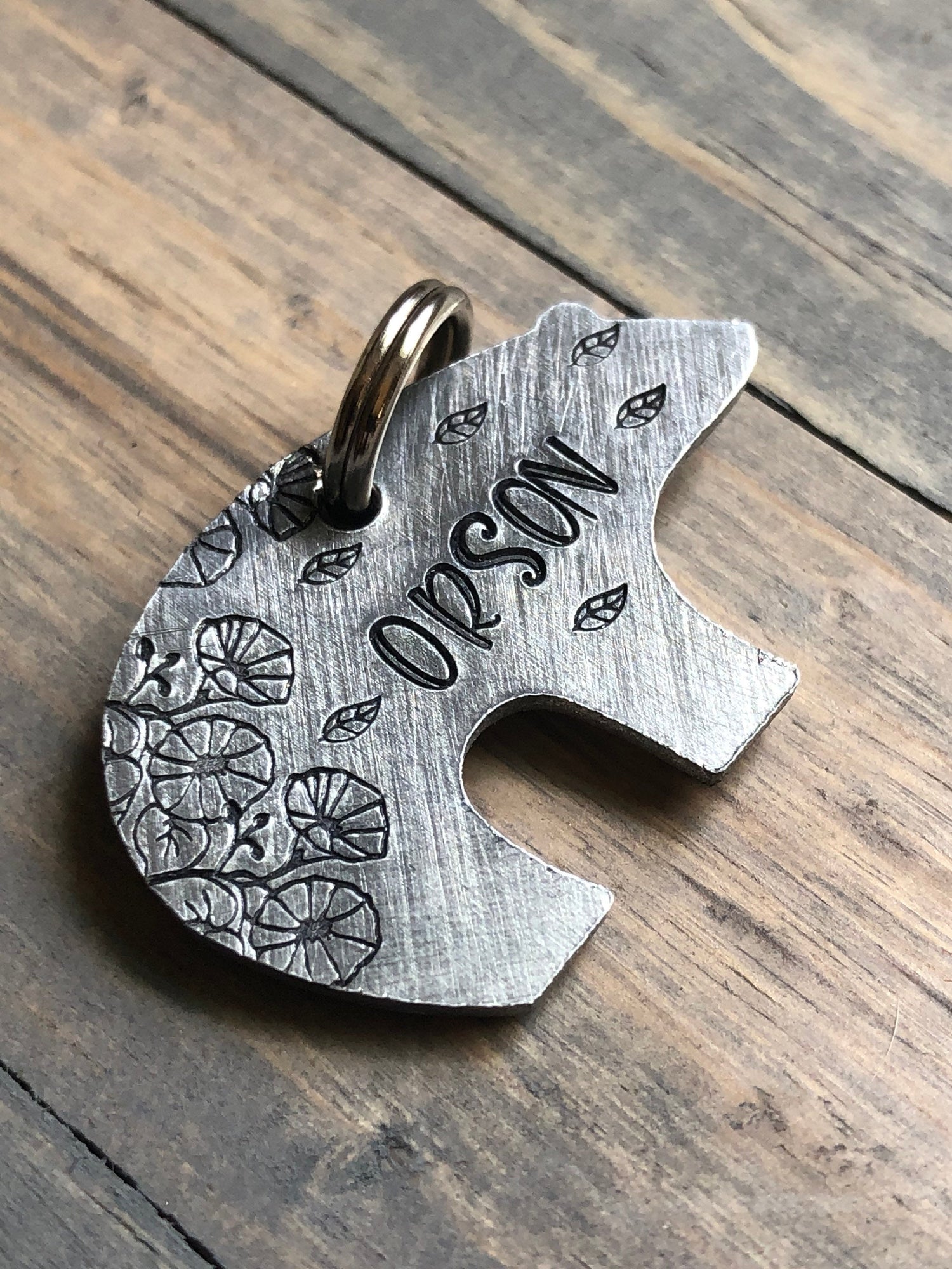 Custom Zuni Bear Dog Tag, Hand Stamped Pet ID, Personalized Dog Tag for Dog, Floral Dog Tag with Morning Glories