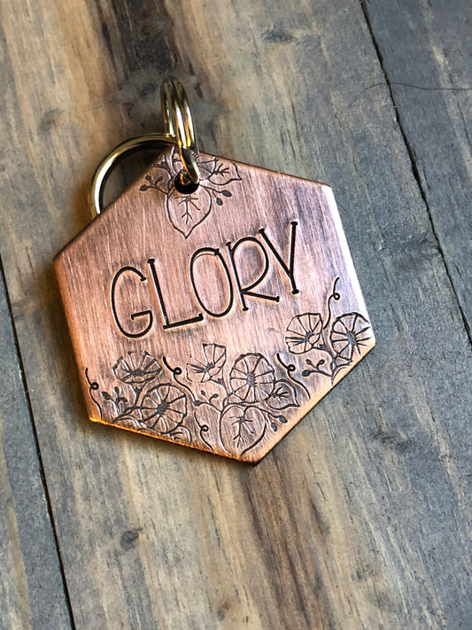 Dog Tag, Dog Tag for Dogs, Floral Dog Tags, Pet ID Tag, Glory, Personalized, Custom Dog Tag, Hand Stamped, Tag with Flowers, Morning Glory