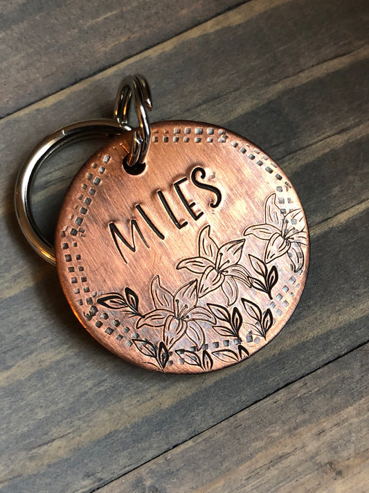 Name Tag for Dog, Hand Stamped Pet ID, Floral Dog Tag, Dog Tag with Tiger Lillies, Lily Dog Tag