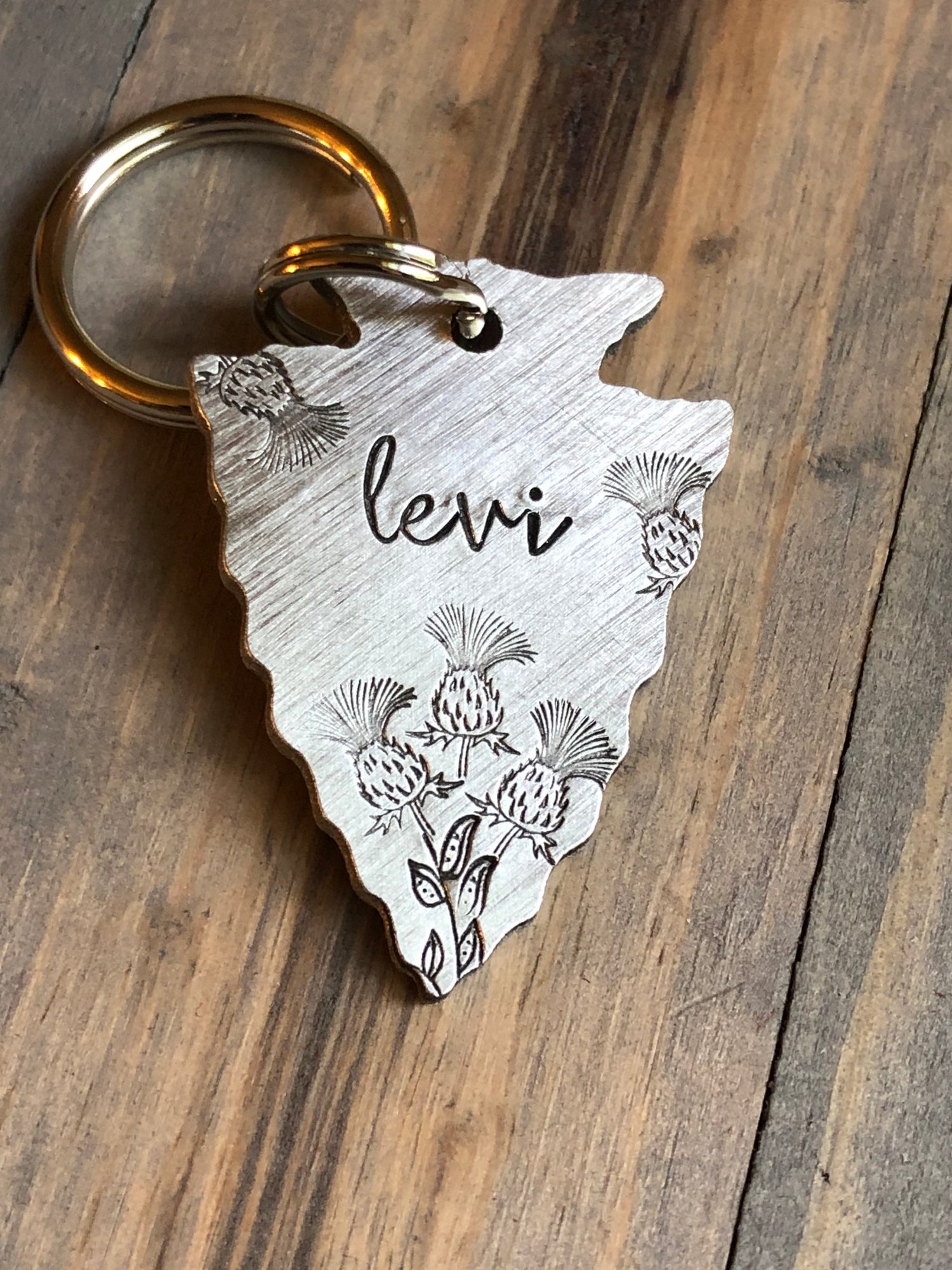 Custom Arrowhead Dog Tag with Thistle, Hand Stamped Pet ID, Personalized Dog Tag for Dog, Arrowhead Dog Tag, Scottish Thistle with Bee