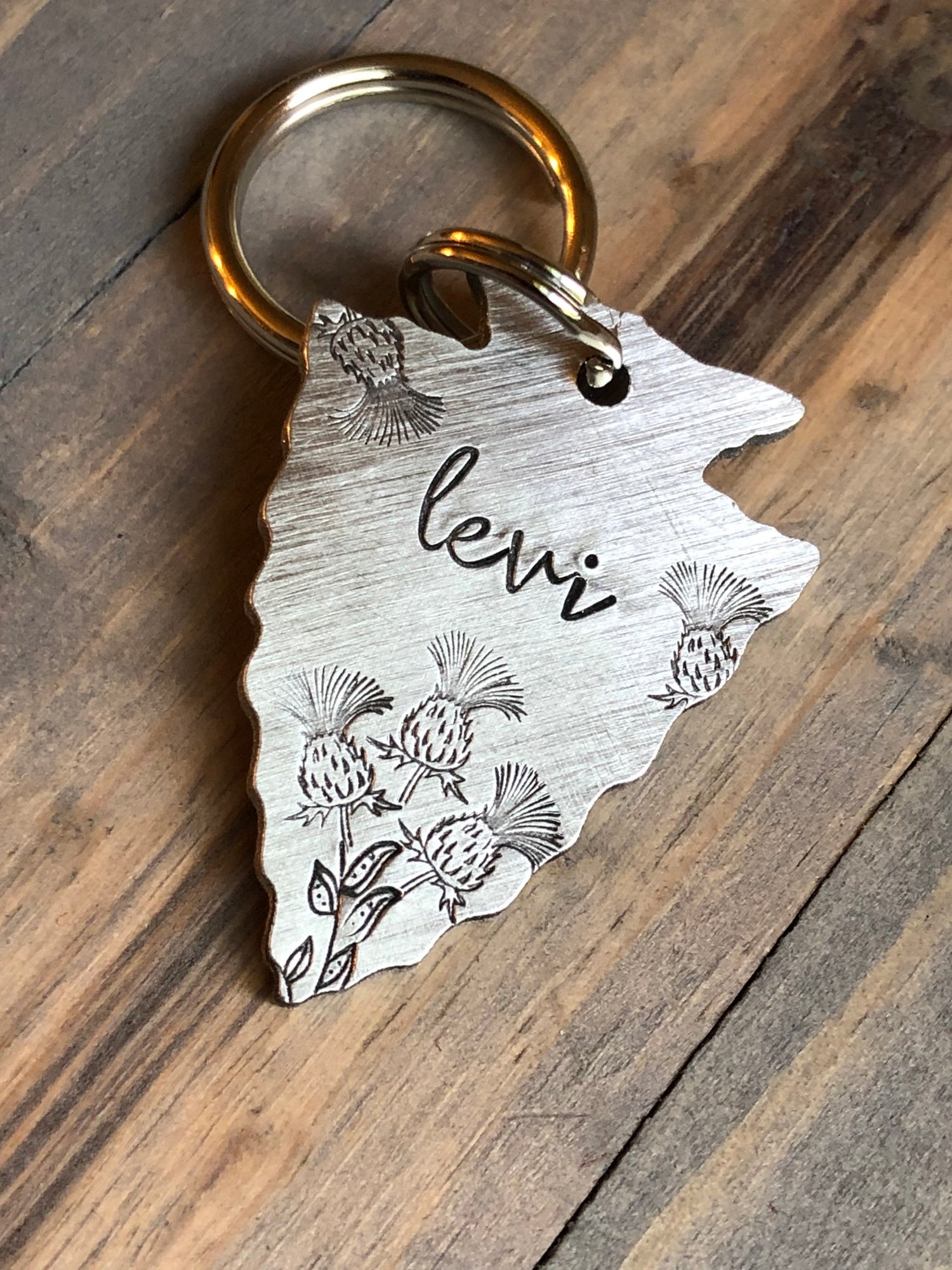 Custom Arrowhead Dog Tag with Thistle, Hand Stamped Pet ID, Personalized Dog Tag for Dog, Arrowhead Dog Tag, Scottish Thistle with Bee