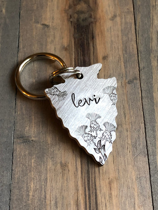Custom Arrowhead Dog Tag with Thistle, Hand Stamped Pet ID, Personalized Dog Tag for Dog, Arrowhead Dog Tag, Scottish Thistle with Bee
