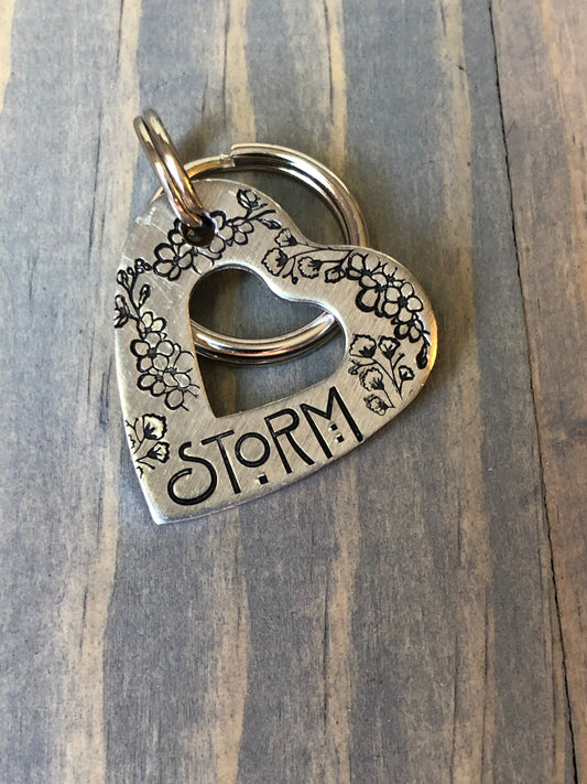 Dog Tags, Dog Tags for Dogs, Hand Stamped Dog Tag, Heart Shaped Washer Tag, Pet ID Tag, Tag with Floweres
