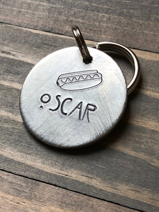 Custom Hot Dog Dog Tag, Hand Stamped Pet ID, Personalized Dog Tag for Dog, Dachshund Dog Tag, Weiner Dog Tag