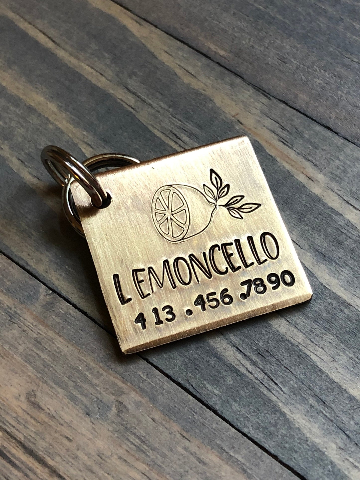 Personalized Name Tag for Dog, Hand Stamped Pet ID, Lemon Dog Tag, Dog Tag with Lemon